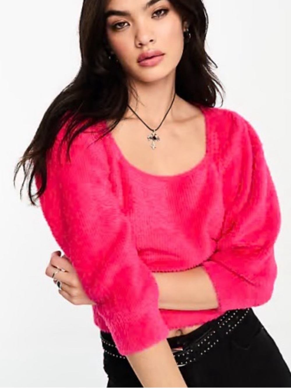 Free people Moonbean fluffy Women's Hot Pink Fuzzy Scoop-Neck Sweater large